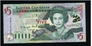 NOTES FROM ANGUILLA (Eastern Carribbean States).

5 Dollars.

Queen Elisabeth II and turlte on face; Admiral's House in Antigua and Barbuda at left, Trafalgar Falls in Dominica at right on back.

Pick #37g Banknote