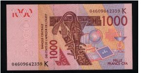 1000 Francs CFA.

Serial -K- prefix (Senegal).

Tribal mask on face; two dromedaries on back.

Pick #715K-a Banknote