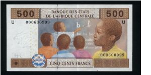 500 Francs.

Central African States.

Serial -U- prefix (Cameroon).

Young man at right and children at school at center on face; young woman behind local huts on back.

Pick #new Banknote