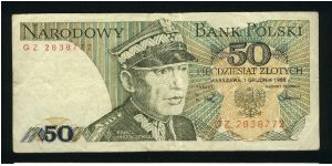 50 Zlotych.

K. Swierczewski at center on face; Order of Grunwald at left on back.

Pick #142b Banknote
