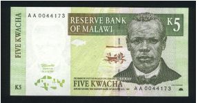 5 Kwacha.

J. Chillembwe at right, sunrise and fisherman at center, and bank stylized logo at lower left on face; villagers mashing grain at left on back.

Pick #36 Banknote