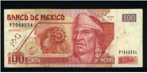 100 Pesos.

Nezahualcoyotl at right, Atzech figure at center, on face; Xochipilli statue on back.

Pick #118 Banknote