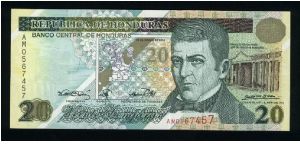 20 Lempiras.

50th Anniversary of the Central Bank and Year 2000.

D. Herrera and Government House at right on face; Work, effort and unity sculpture on back.

Pick #83 Banknote