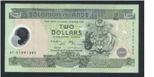 2 Dollars.

Commemorative Issue; 25th Anniversary Central Bank of Solomon Islands.

Arms at right on face; fishermen on back.

Pick #23 Banknote
