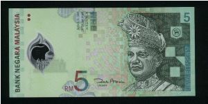 5 Ringgit.

Polymeric Plastic.

Yang-Di Pertuan Agong, First Head of State of Mlalaysia (died 1960) on face; modern buildings (Petronas Towers) on back.

Pick #new Banknote