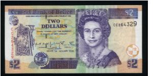 2 Dollars.

Older facing portrait of Queen Elizabeth II at right, carved stone pillar at left on face; Mayan ruins of Belize on back.

Pick #60b Banknote
