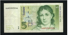 5 Deutsche Mark.

Bettina von Arnim (1785-1859) at center right on face; bank seal and Brandeburg Gate in Berlin at left center, script on open envelope at lower right in watermark area on back.

Pick #37 Banknote
