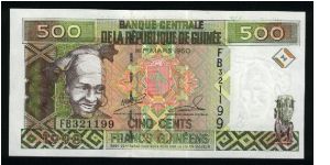500 Francs.

Woman at left, arms at center and traditional wooden sculpture at right on face; minehead at center on back.

Pick #36 Banknote