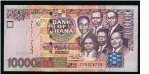 10000 Cedis.

Kwame Nkrumah and five other leaders at right on face; Independence Square at center on back.

Pick #35 Banknote