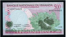 500 Francs.

Mountain gorillas at right on face; National Museum of Butare and schoolchildren on back.

Pick #26 Banknote