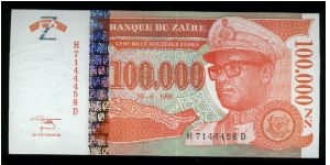 Old Republic of Zaire.

100000 Nouveaux Zaires.

Mobutu in military dress at right on face; value on back.

Pick #77 Banknote