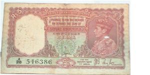Burma. 5 Rupees. Reserve Bank of India issuing for Burma. George VI. J B Taylor signature.  Banknote