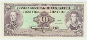 BEAUTIFUL 1990 VENEZUELAN 10 BOLIVARES. Banknote