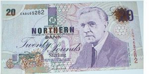 Northern Ireland. H Fergusion. City Hall Belfast.Issued by Northern Bank.  same type as stolen in bank robbery & replaced by slightly different design in 2004. 20 Pounds. Banknote