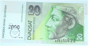 20 Korun. Millenium Issue; Overprint on 1993 issue Banknote