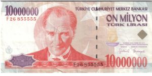 Turkey 1999 10,000,000 liras. 1st series. E 7 - ON MILYON TÜRK LIRASI BIRINCI TERTIP. Great... 10 million... too bad the serial number isn't a straight 5 either. Banknote