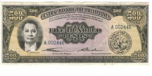 PI-141a English Series 500 Peso note. This note is rare and very seldom seen or offered. Banknote