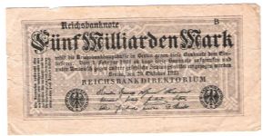 1923 Eight Issue
5 Milliarden Mark
#123b W/o serial # Banknote
