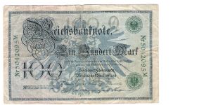 Reichbanknoten ImperialBank notes
#34like 33 but with Green seal and Serial #100 Mark Reprint 1918-1922 Banknote