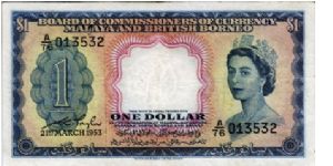 One Dollar. Potrait of Queen Elizabeth II. Banknote
