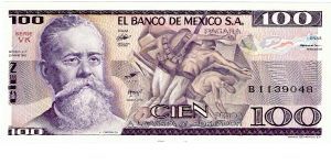 100 Pesos..Portrait of, V.Carranza Banknote