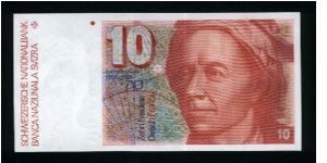 10 Franken.
Format: 66x137 mm 

Leonard Euler (mathematician; 1707-1783) at right on face; water turbine, light rays through lenses and Solar System in vertical format on back.

Pick #53d Banknote