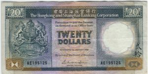 Hong Kong HSBC 1986 $20 Banknote