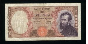 10,000 Lire.

Michaelangelo at right on face; Piazza del Campidoglio in Rome on back.

Pick #97e Banknote