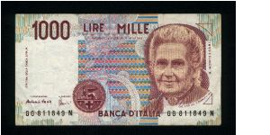 1,000 Lire.

Maria Montessori at right on face; teacher and student at left center on back.

Pick #114c Banknote
