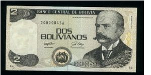 2 Bolivianos.

Antonio Vaca Diez at right, arms at lower center on face; trees and building at center on back.

Pick #202a Banknote