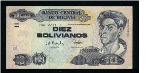 10 Bolivianos.

Cecilio Guzman de Rojas at right, arms at lower left on face; figures overlooking city wiew on back.

Pick #223 Banknote