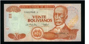 20 Bolivianos.

Pantaleon Dalence at right, arms at lower center on face; Casa Dorada Tarija at center on back.

Pick #224 Banknote