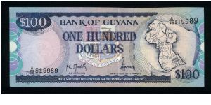 100 Dollars.

Map of Guyana at right, bank arms at center on face; public buildings in Georgetown on back.

Pick #31 Banknote