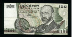 100 Schilling.

Eugen Bohm v. Bawerk at right on face; Wissenschaften Academy in Vienna at left center on back.

Pick #150 Banknote