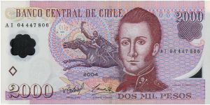 Lilac brown and multicolour.  Manuel Rodríguez E. and his statue / Iglesia de los Dominicos Banknote