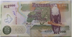 Zambia 1000 Kwacha. Polymer note. SOLD Banknote
