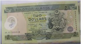 Solomon Islands 2 Dollar banknote. Polymer Comemerative note Banknote