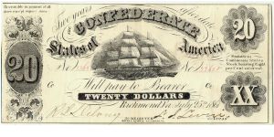 Type 9 Confederate $20 note. Banknote