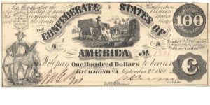 Type 13 Confederate $100 note. Banknote