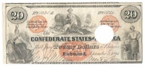 Type 19 Confederate $20 note (hole-out canceled). Banknote