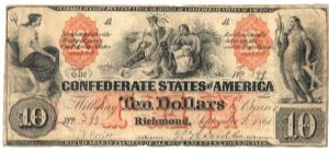 Type 22 Confederate $10 note. Banknote