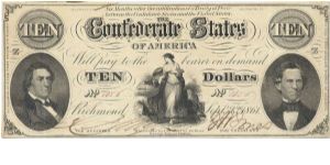 Type 25 Confederate $10 note. Banknote