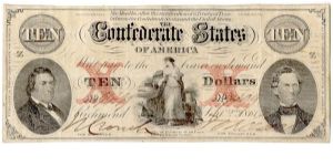 Type 26 Confederate $10 note. (Coarse lace X overprint.) Banknote
