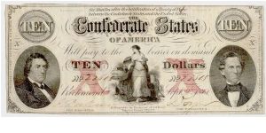 Type 26 Confederate $10 note. (Fine Lace X overprint.) Banknote