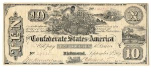Type 29 Confederate $10 note. Banknote