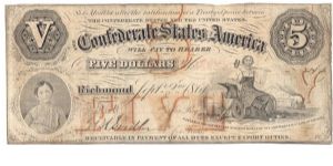 Type 32 Confederate $5 note. Banknote