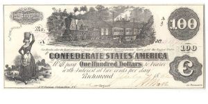 Type 39 Confederate $100 Interest Bearing note. Banknote