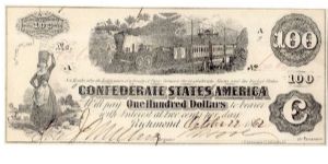 Type 40 Confederate $100 Interest Bearing note. Banknote