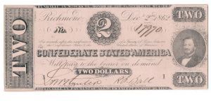 Type 54 Confederate $2 note.

(PF-13 discovery note.) Banknote