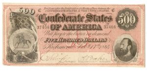 Type 64 Confederate $500 note. Banknote